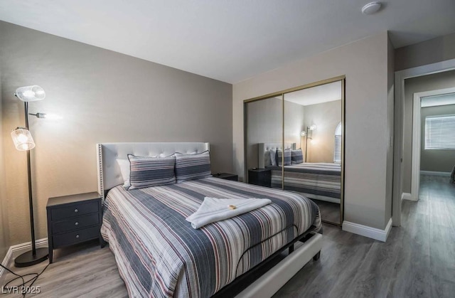 bedroom with wood-type flooring and a closet