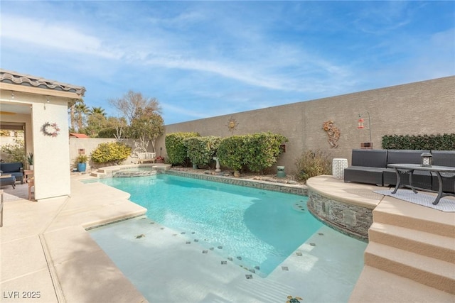 view of pool with an outdoor living space, a patio, and an in ground hot tub