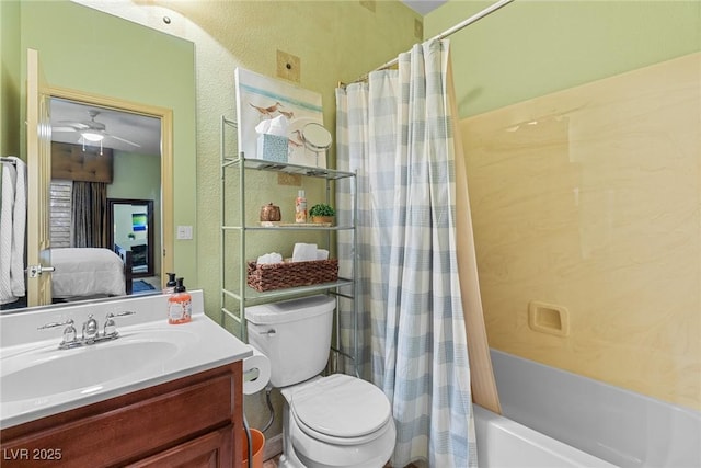 full bathroom with vanity, toilet, and shower / bath combo with shower curtain