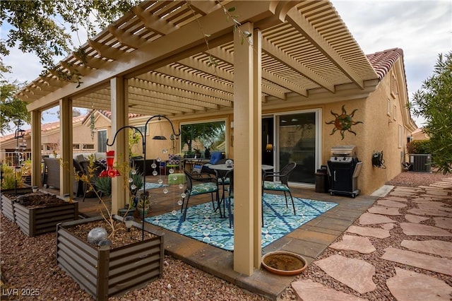 view of patio featuring a grill, cooling unit, and a pergola