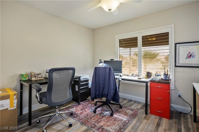 office space featuring ceiling fan and dark hardwood / wood-style flooring