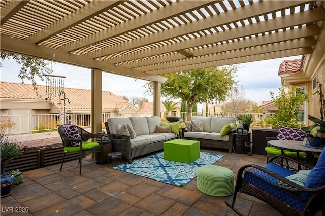 view of patio / terrace featuring an outdoor hangout area and a pergola