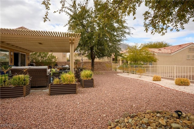 view of yard with an outdoor living space, a patio, and a pergola