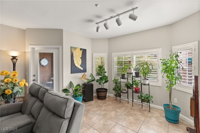 living room featuring light tile patterned flooring