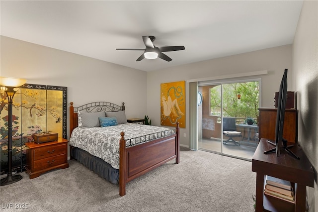 bedroom featuring light carpet, access to outside, and ceiling fan