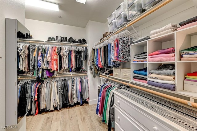 walk in closet with light hardwood / wood-style floors