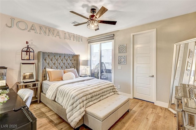 bedroom featuring ceiling fan, light hardwood / wood-style floors, and access to outside