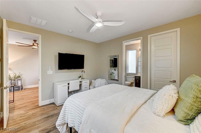 bedroom featuring ceiling fan and light wood-type flooring