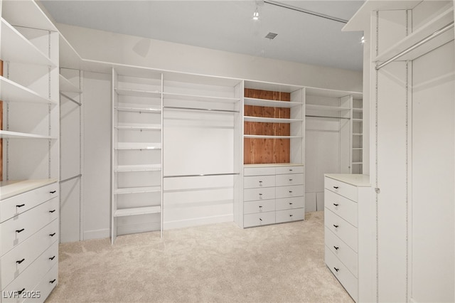 walk in closet with light carpet