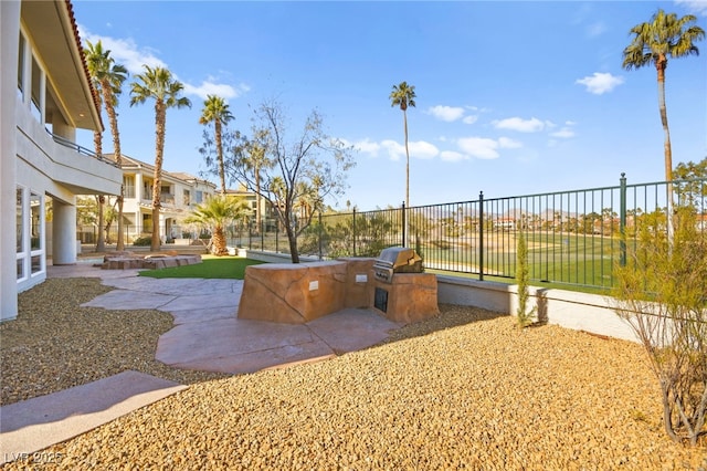 view of yard with a patio and an outdoor kitchen