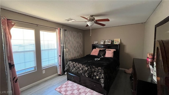 bedroom featuring ceiling fan and light hardwood / wood-style flooring