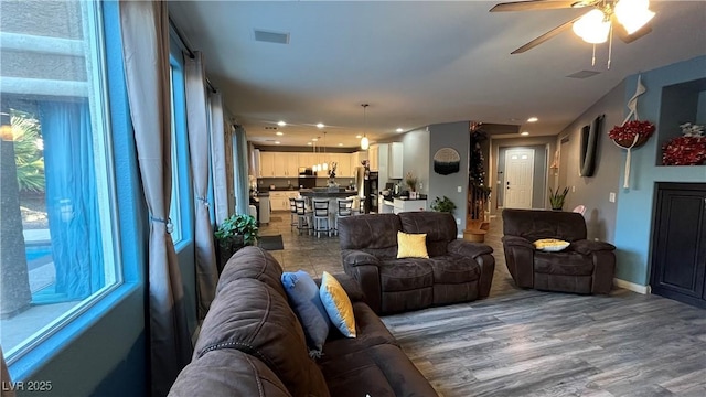 living room with wood-type flooring and ceiling fan