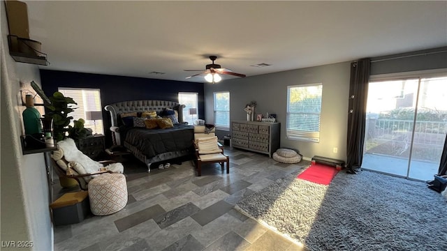 bedroom with access to exterior and ceiling fan