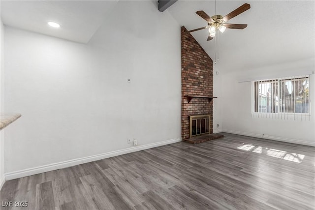 unfurnished living room featuring beam ceiling, high vaulted ceiling, hardwood / wood-style flooring, ceiling fan, and a fireplace