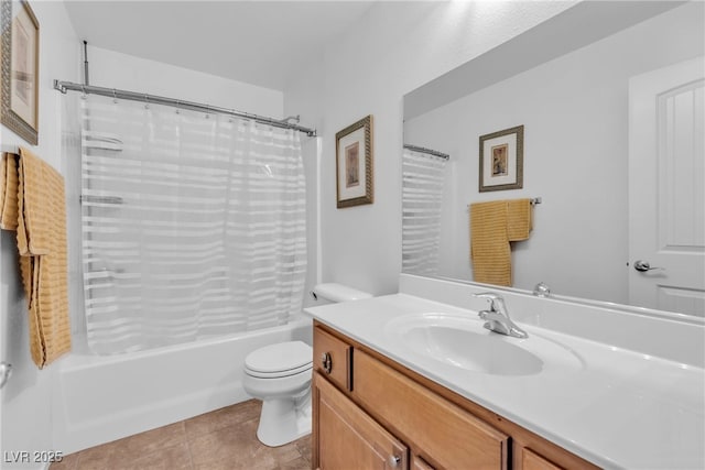 full bathroom with shower / bath combination with curtain, vanity, toilet, and tile patterned flooring