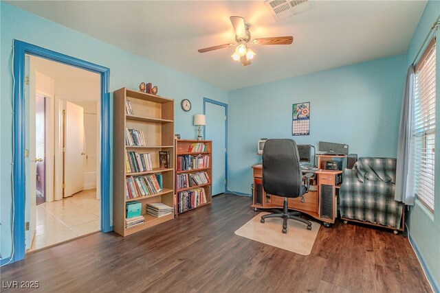 office featuring hardwood / wood-style flooring and ceiling fan