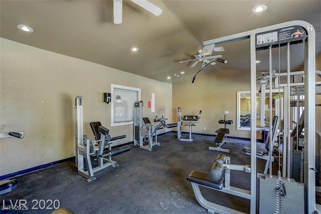 workout area with ceiling fan and vaulted ceiling