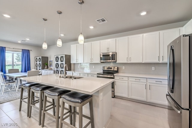 kitchen featuring white cabinetry, stainless steel appliances, tasteful backsplash, an island with sink, and decorative light fixtures