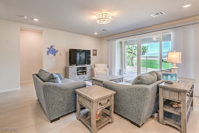 living room featuring light tile patterned flooring