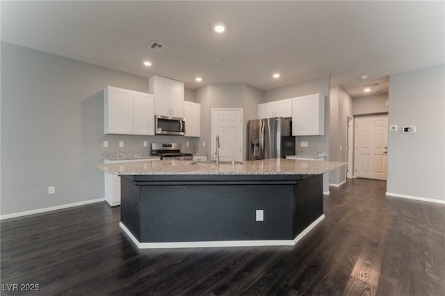 kitchen featuring sink, an island with sink, white cabinets, and appliances with stainless steel finishes