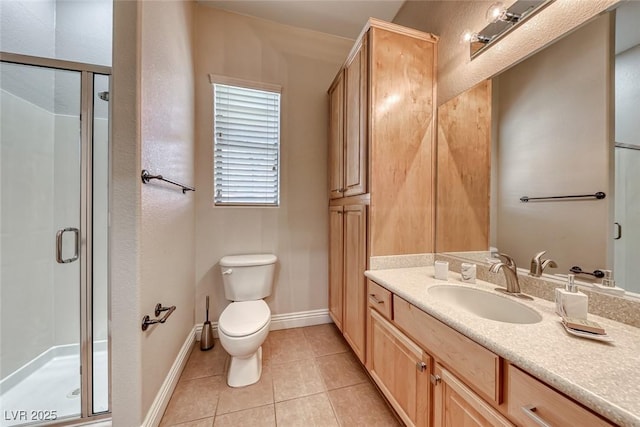 bathroom featuring vanity, a shower with shower door, tile patterned floors, and toilet