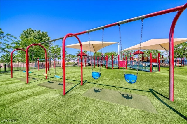 view of jungle gym featuring a yard