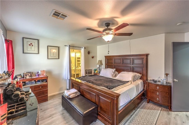 bedroom with ceiling fan and light hardwood / wood-style floors