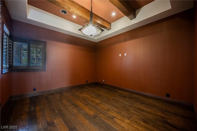 empty room featuring beam ceiling, baseboards, and dark wood-style flooring