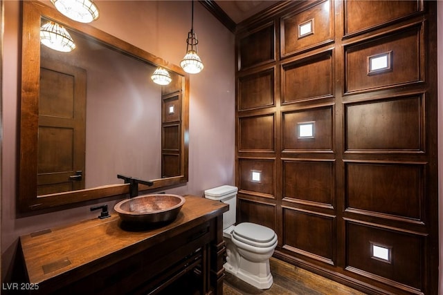 bathroom featuring toilet, wood finished floors, and vanity