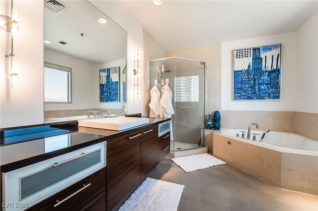 bathroom with vanity and plus walk in shower