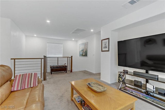 living room featuring light carpet