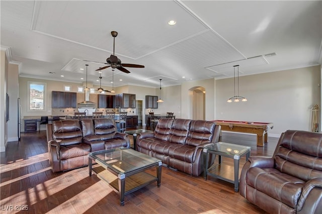 living room with crown molding, billiards, dark hardwood / wood-style floors, and ceiling fan