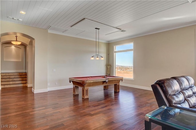 playroom featuring crown molding, billiards, and dark hardwood / wood-style flooring