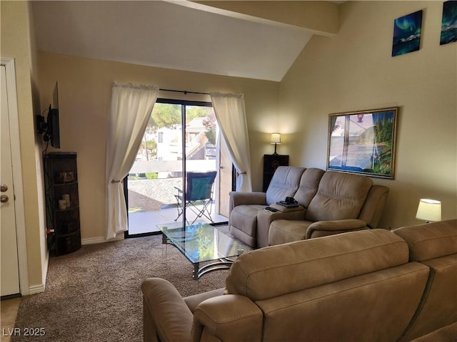 carpeted living room with vaulted ceiling with beams