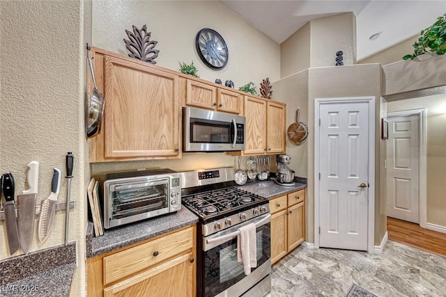 kitchen with light brown cabinetry and appliances with stainless steel finishes