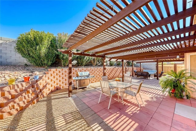 view of patio featuring outdoor lounge area, grilling area, and a pergola