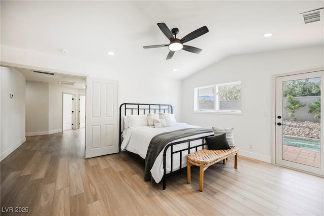 bedroom featuring ceiling fan, lofted ceiling, light hardwood / wood-style floors, and access to outside