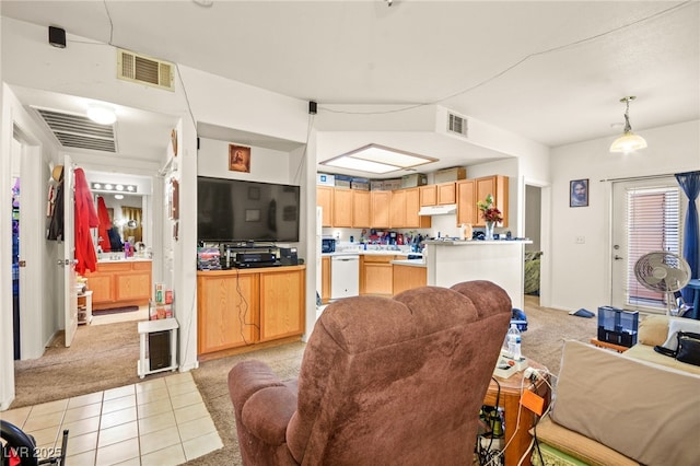 living room featuring light carpet