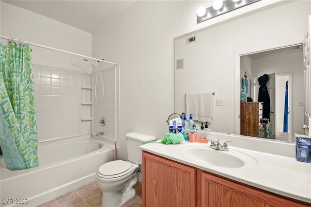 full bathroom with toilet, vanity, and shower / bathtub combination with curtain