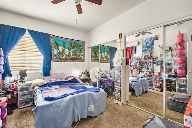 carpeted bedroom featuring ceiling fan