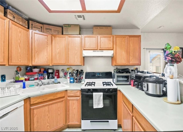 kitchen with white dishwasher, sink, and range with gas cooktop