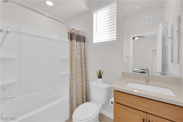 full bathroom with vanity, toilet, and shower / bathtub combination with curtain