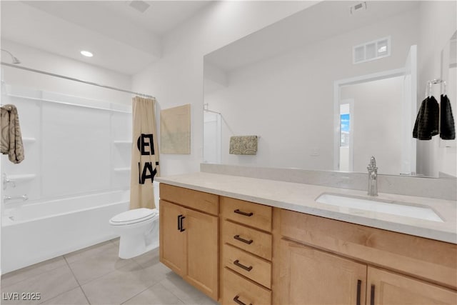 full bathroom with tile patterned flooring, vanity, shower / tub combo, and toilet