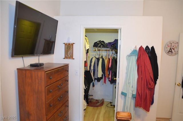 interior space with a walk in closet, light hardwood / wood-style floors, and a closet