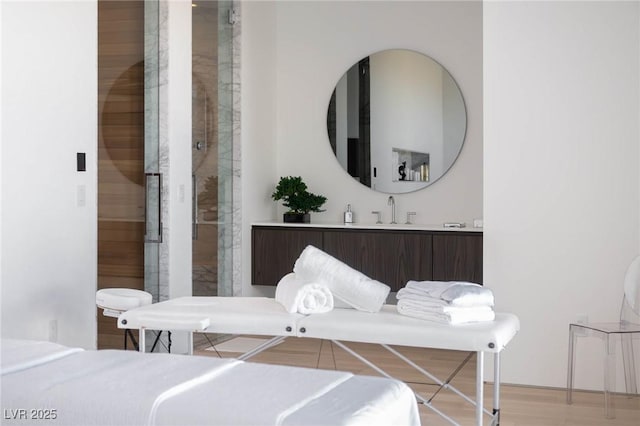 bathroom featuring hardwood / wood-style flooring and vanity