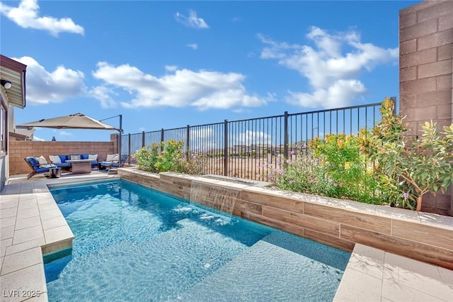 view of pool featuring an outdoor living space and pool water feature