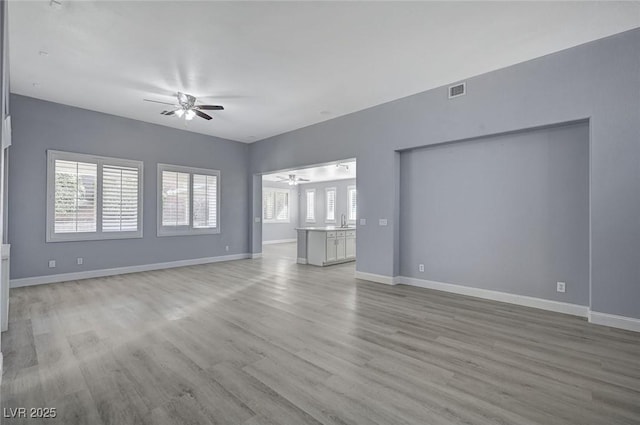 unfurnished living room featuring a sink, visible vents, a ceiling fan, baseboards, and light wood-type flooring