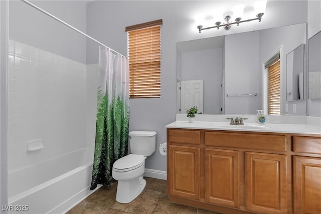 full bathroom with tile patterned floors, vanity, toilet, and shower / bath combo