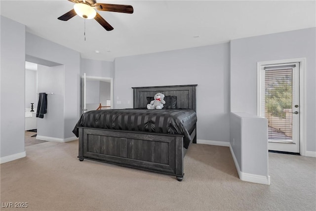 bedroom with ceiling fan and light colored carpet