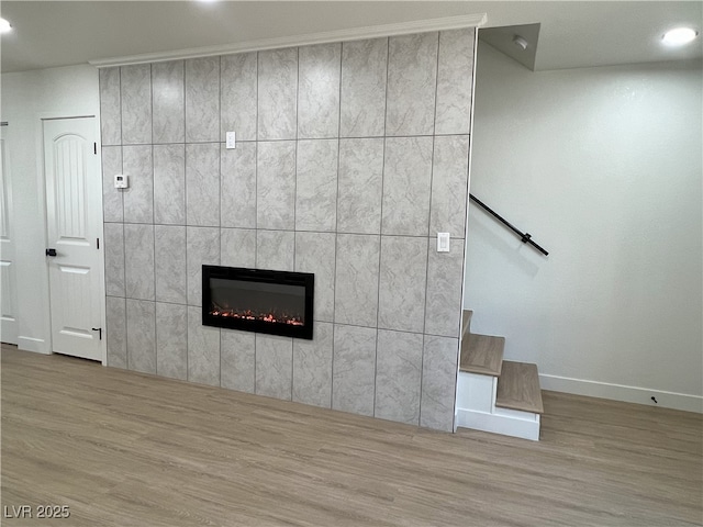 interior details with wood-type flooring and a fireplace